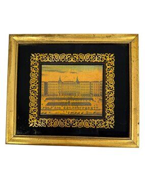 Vintage Old Scenic Cityscape Framed Architectural Print Ornate Gold Border